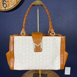 Michael Kors Cream Logo Jacquard and Tan Leather Tote Bag